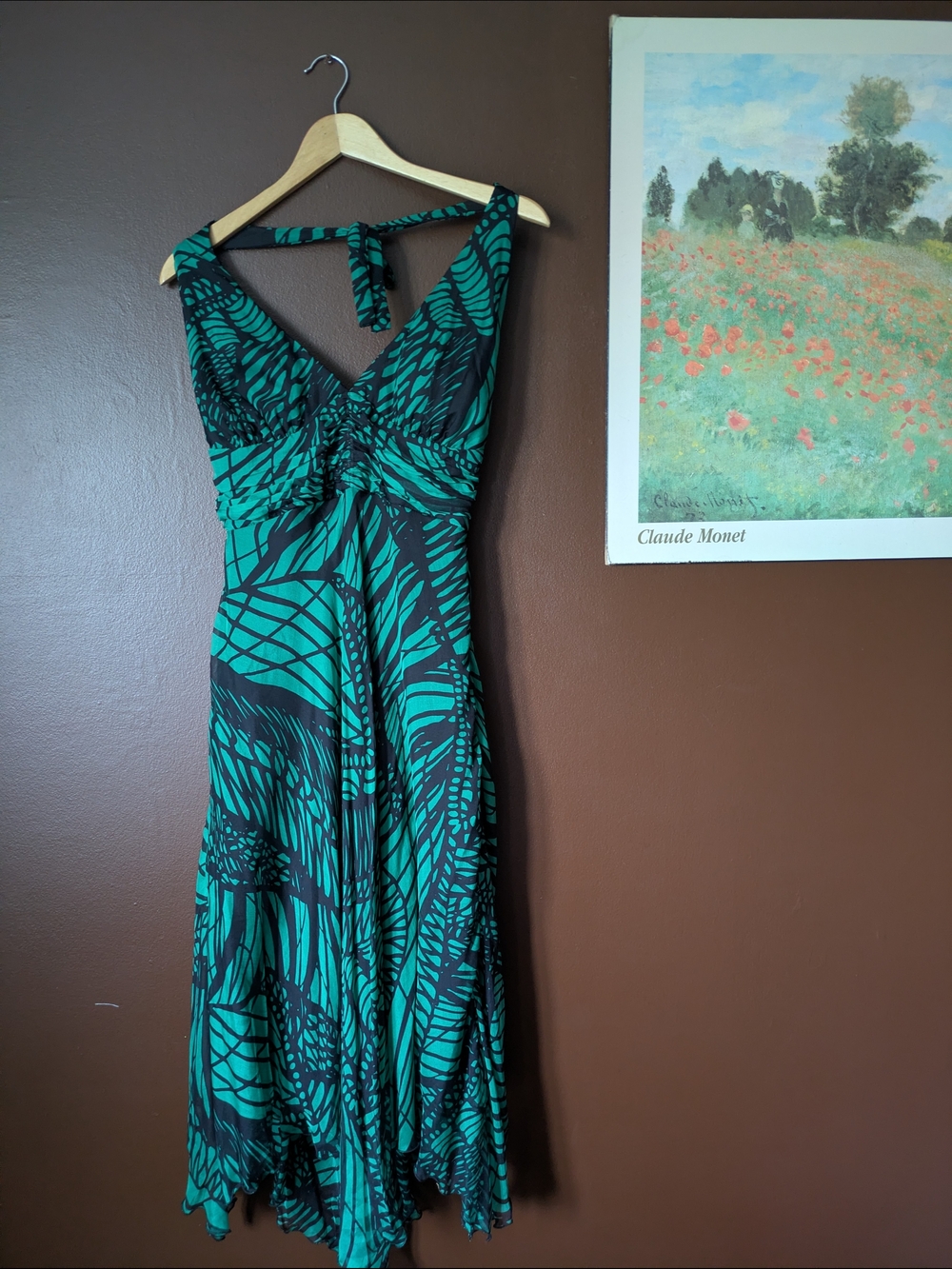 100% Silk Vintage Green & Black Halter Dress